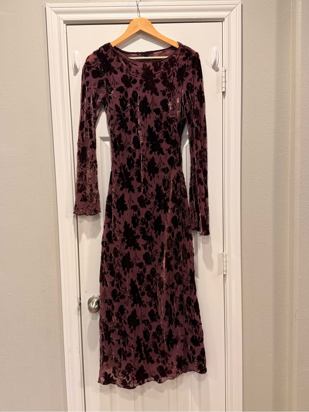 Velvet Burn Out Midi Dress Burgundy Floral Sheer Whimsigoth Dark Feminine Size M - Picture 3 of 14